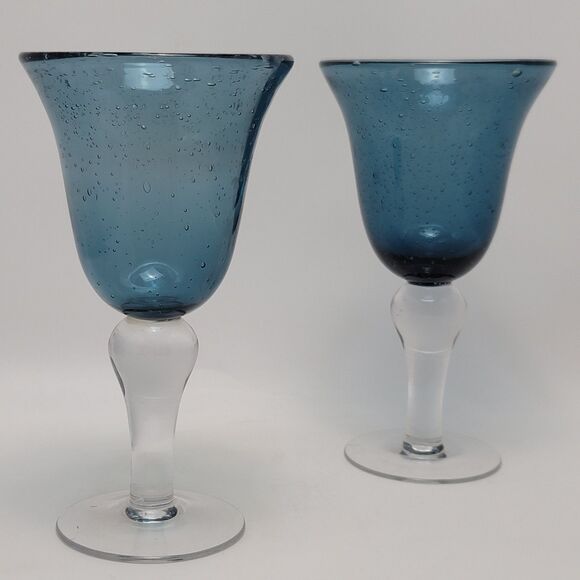 Artland Iris Seeded Cobalt Blue Hand Blown Bubbles Glasses Water Wine Goblets - Picture 4 of 8